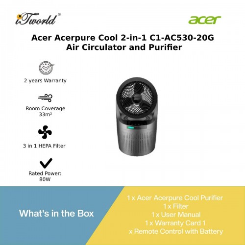 [Pre-order] Acer Acerpure Cool 2-in-1 C1-AC530-20G Air Circulator and Purifier - Dark Grey - ZL.ACCTG.008 [ETA: 3-5 Working Days]