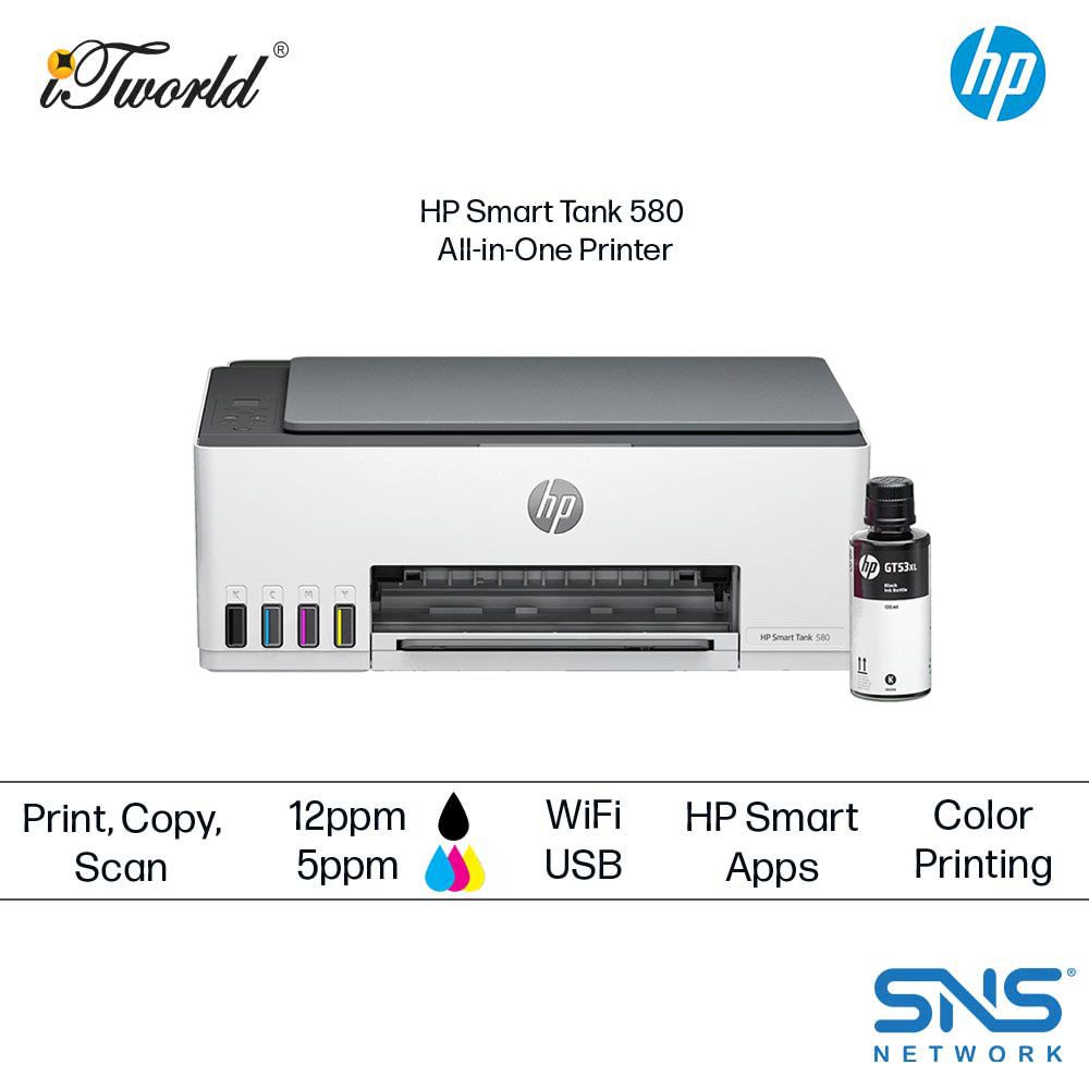 HP Smart Tank 580 All-in-One Printer bundle with 1 bottle GT53XL black ink (Print | Scan | Copy | Wireless | Compatible with both Mac & Window)