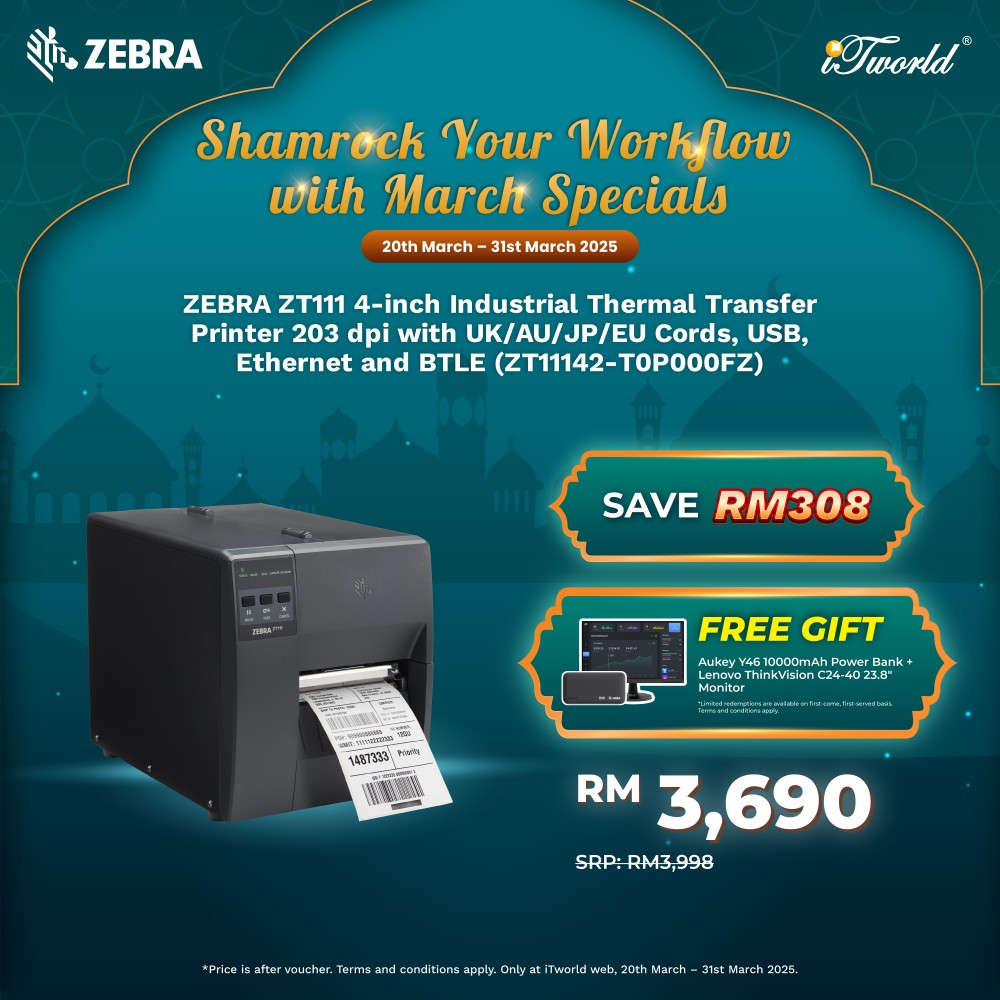 ZEBRA ZT111 4-inch Industrial Thermal Transfer Printer 203 dpi with UK/AU/JP/EU Cords, USB, Ethernet and BTLE (ZT11142-T0P000FZ)