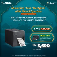 ZEBRA ZT111 4-inch Industrial Thermal Transfer Printer 203 dpi with UK/AU/JP/EU Cords, USB, Ethernet and BTLE (ZT11142-T0P000FZ)