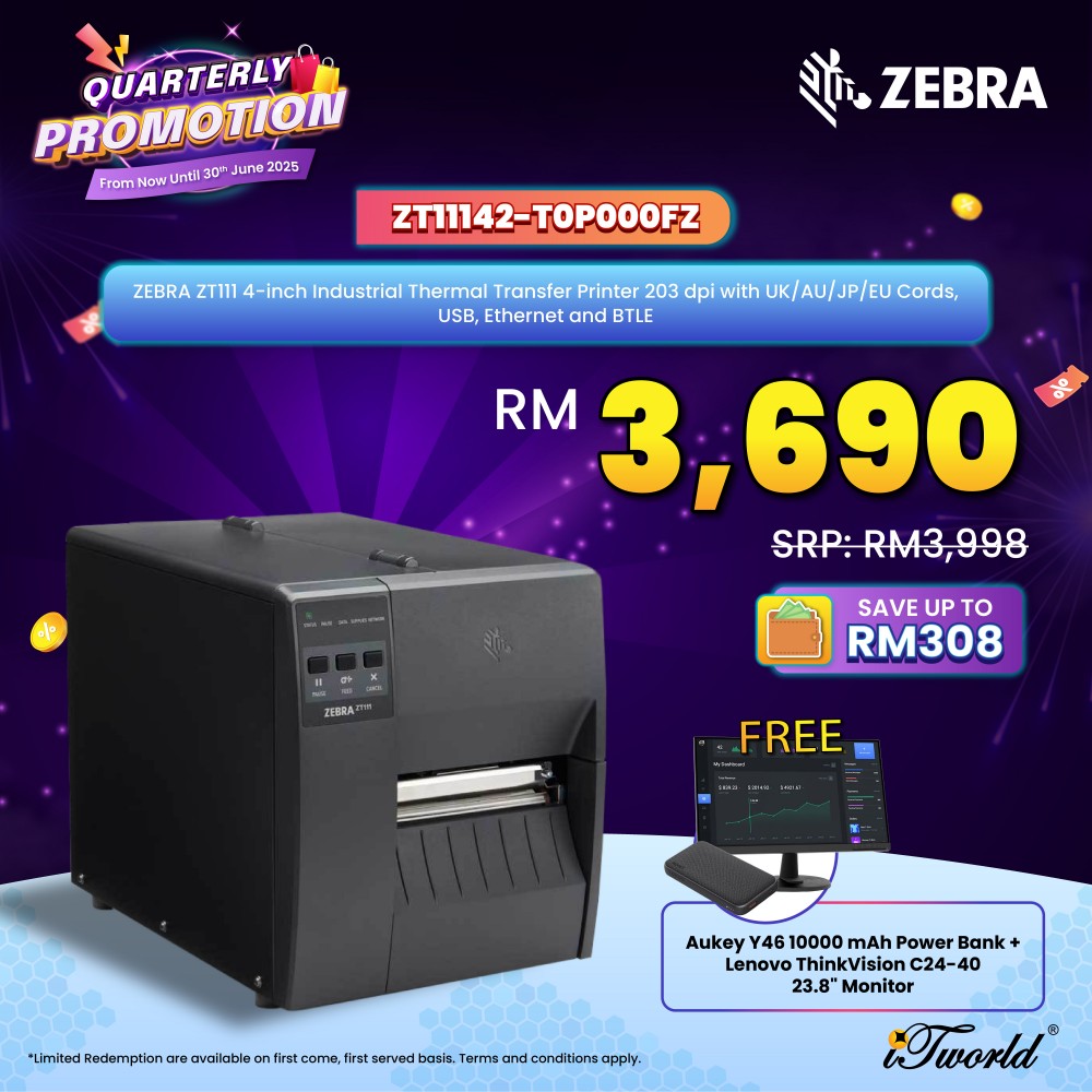 ZEBRA ZT111 4-inch Industrial Thermal Transfer Printer 203 dpi with UK/AU/JP/EU Cords, USB, Ethernet and BTLE (ZT11142-T0P000FZ)
