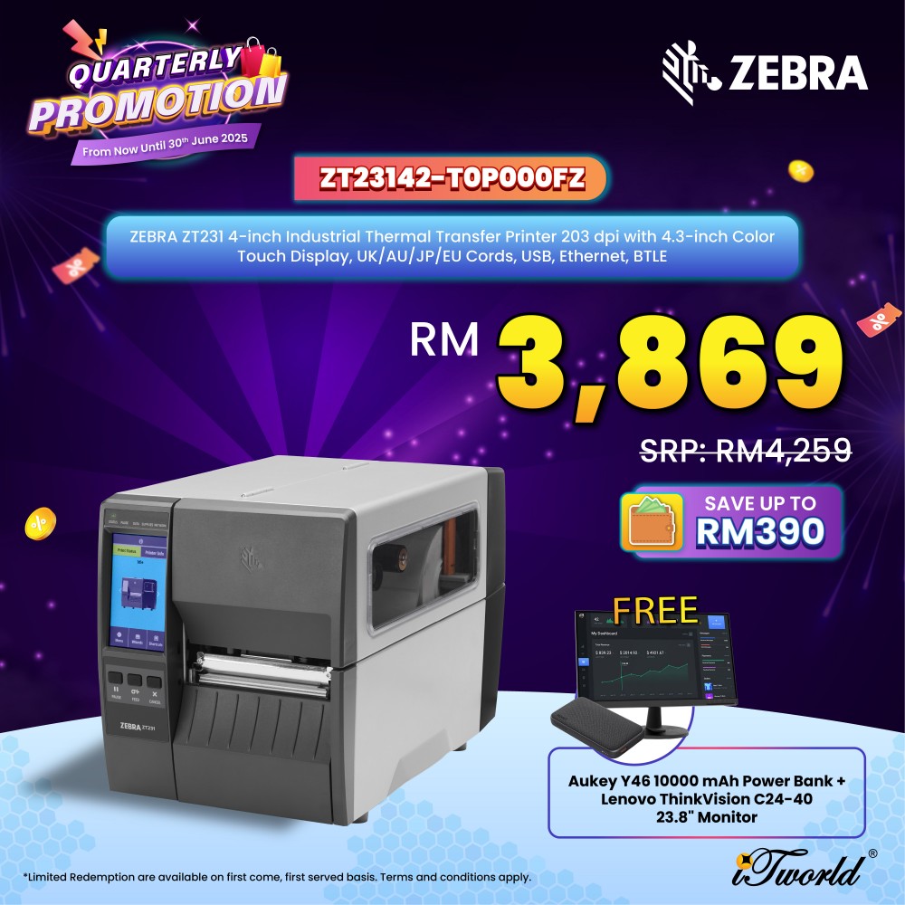 ZEBRA ZT231 4-inch Industrial Thermal Transfer Printer 203 dpi with 4.3-inch Color Touch Display, UK/AU/JP/EU Cords, USB, Ethernet, BTLE (ZT23142-T0P000FZ)