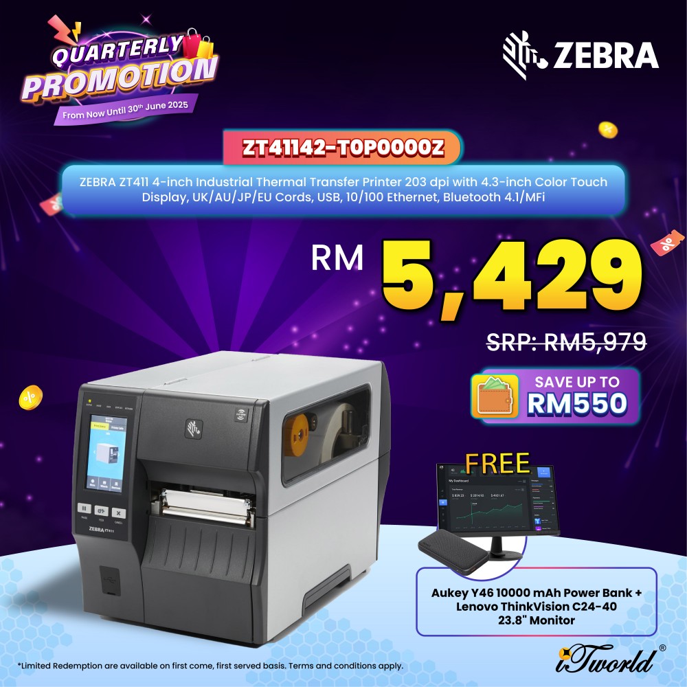 ZEBRA ZT411 4-inch Industrial Thermal Transfer Printer 203 dpi with 4.3-inch Color Touch Display, UK/AU/JP/EU Cords, USB, 10/100 Ethernet, Bluetooth 4.1/MFi,  (ZT41142-T0P0000Z)