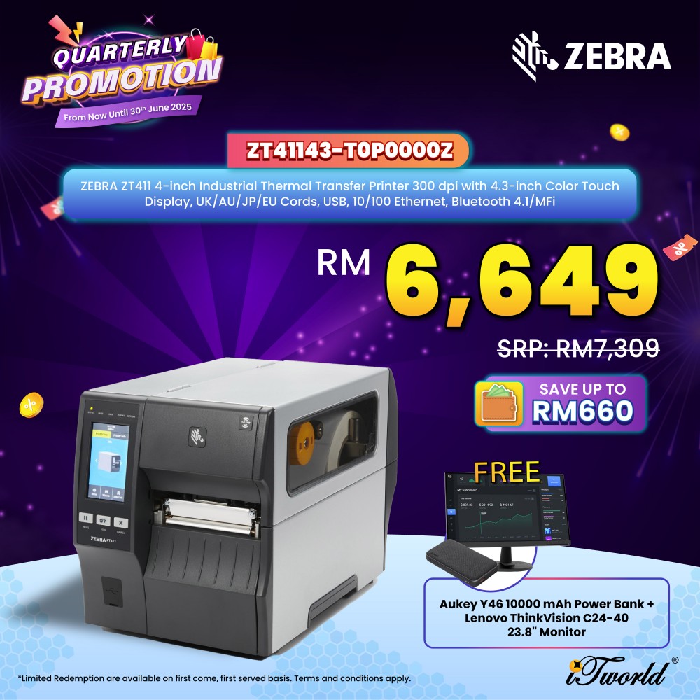 ZEBRA ZT411 4-inch Industrial Thermal Transfer Printer 300 dpi with 4.3-inch Color Touch Display, UK/AU/JP/EU Cords, USB, 10/100 Ethernet, Bluetooth 4.1/MFi (ZT41143-T0P0000Z)