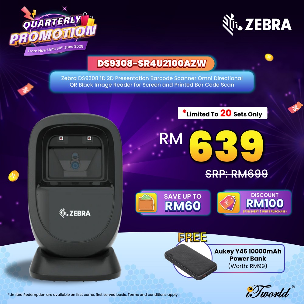 [Ready Stock] Zebra DS9308 1D 2D Presentation Barcode Scanner Omni Directional QR Black Image Reader for Screen and Printed Bar Code Scan (DS9308-SR4U2100AZW)