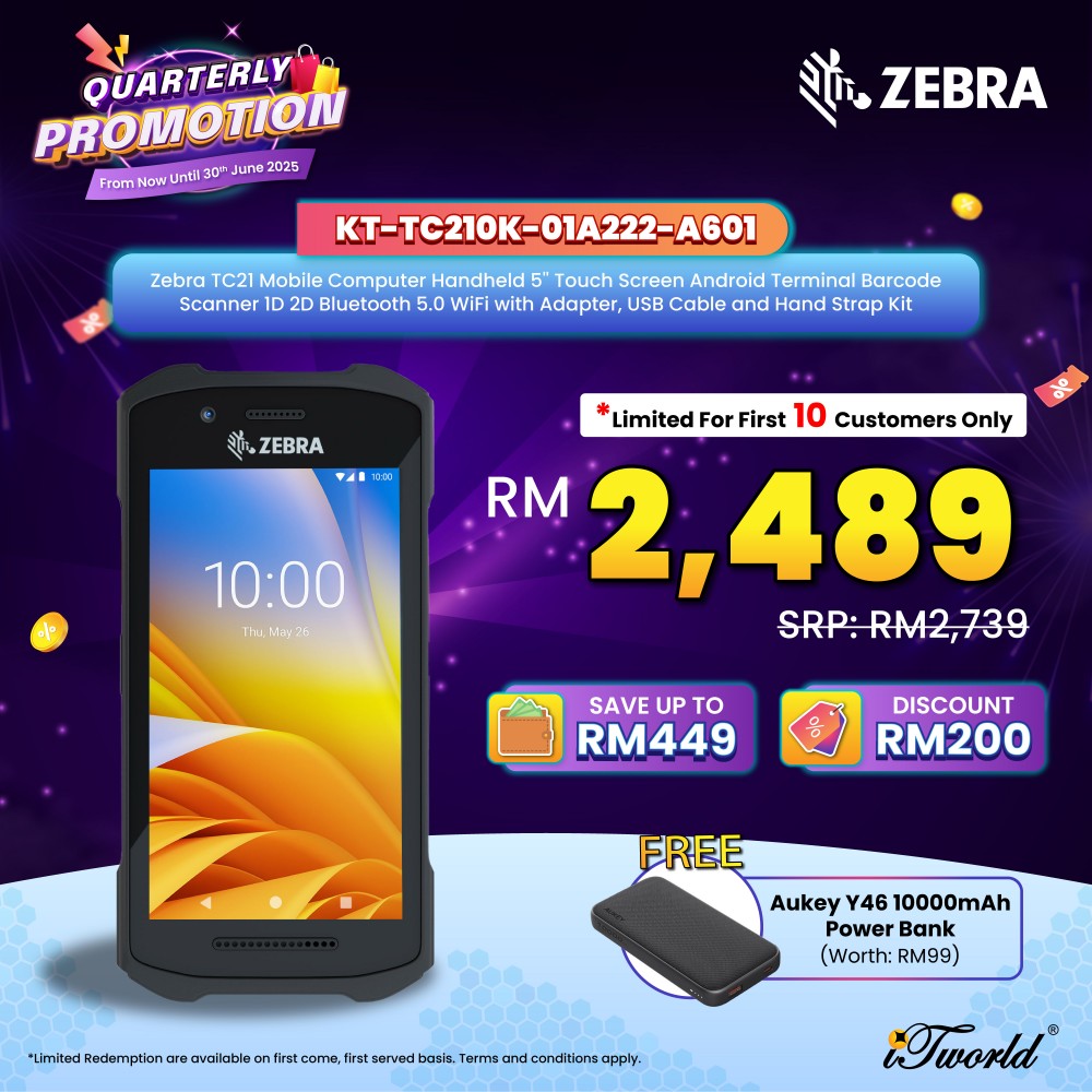 [Ready Stock] Zebra TC21 Mobile Computer Handheld 5'' Touch Screen Android Terminal Barcode Scanner 1D 2D Bluetooth 5.0 WiFi with Adapter, USB Cable and Hand Strap Kit (KT-TC210K-01A222-A601)