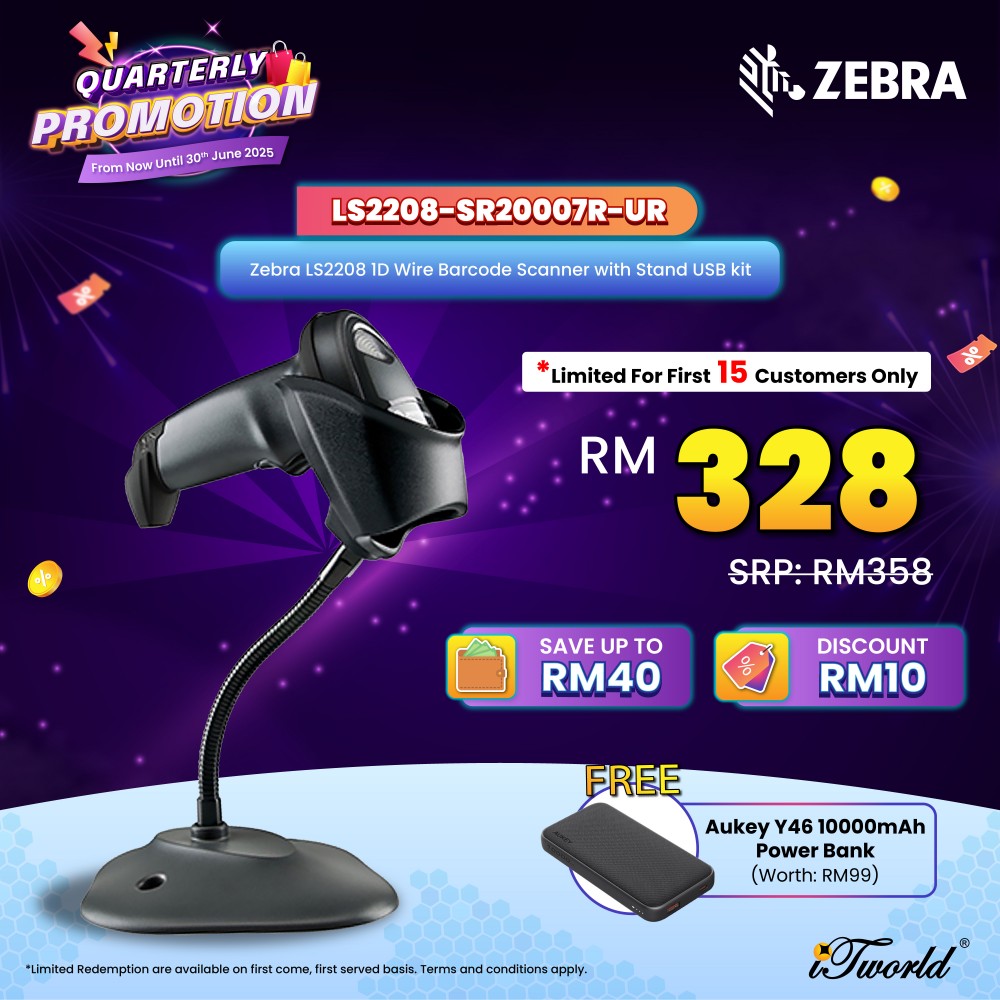 [Ready Stock] Zebra LS2208 1D Wire Barcode Scanner with Stand USB kit (LS2208-SR20007R-UR)