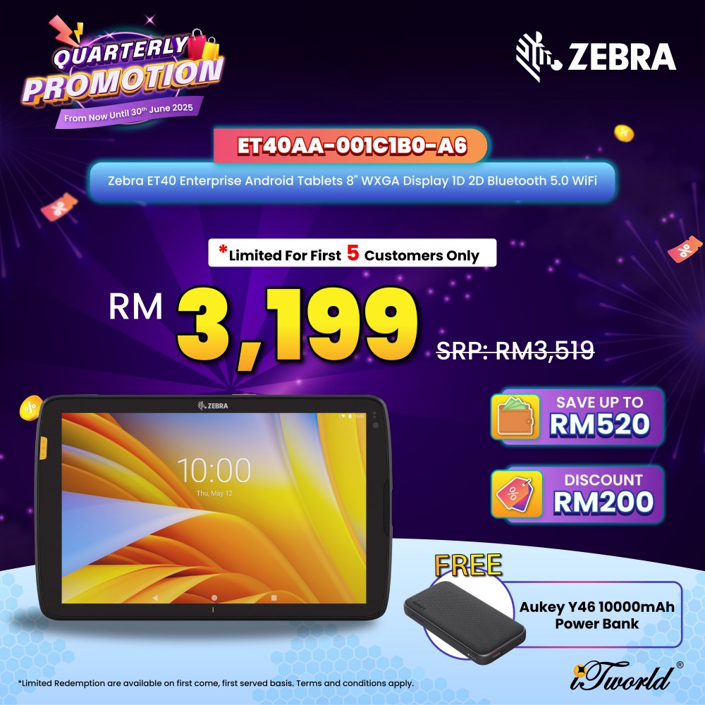 Zebra ET40 Enterprise Android Tablets 8" WXGA Display 1D 2D Bluetooth 5.0 WiFi (ET40AA-001C1B0-A6)