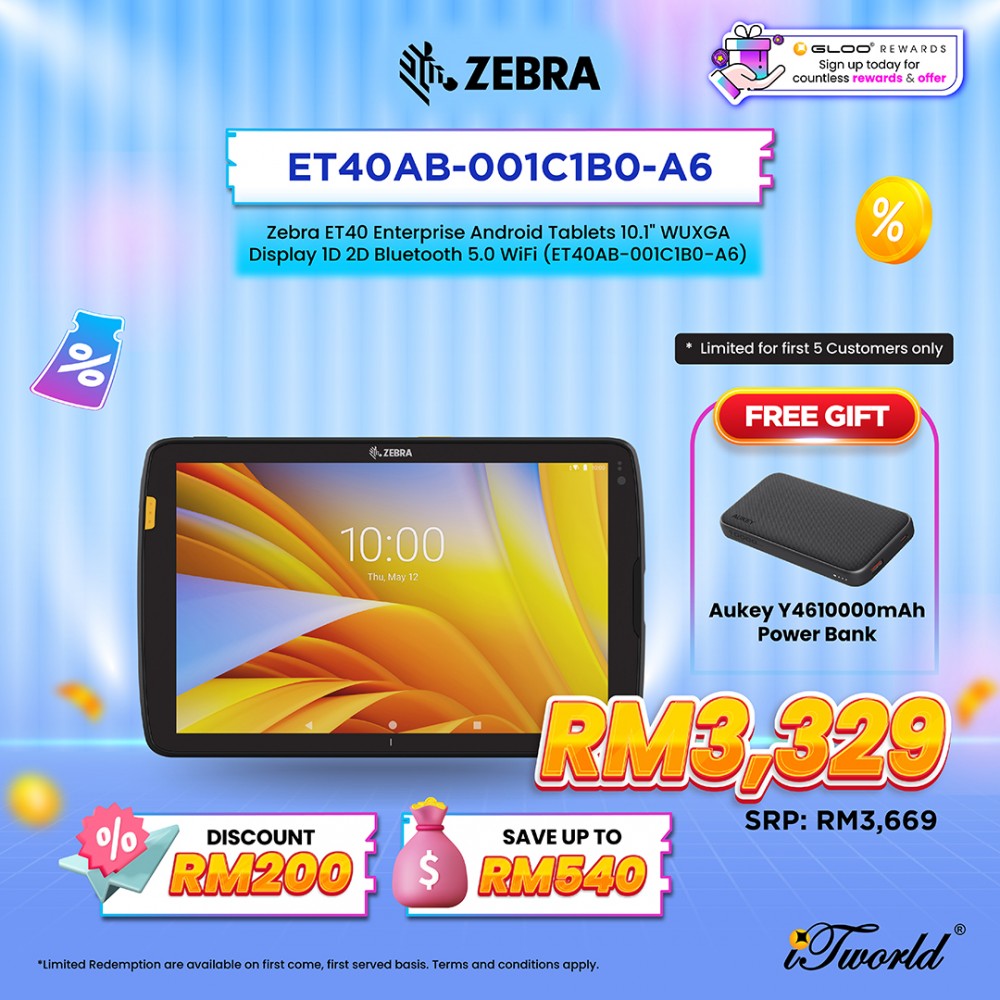 Zebra ET40 Enterprise Android Tablets 10.1" WUXGA Display 1D 2D Bluetooth 5.0 WiFi (ET40AB-001C1B0-A6)