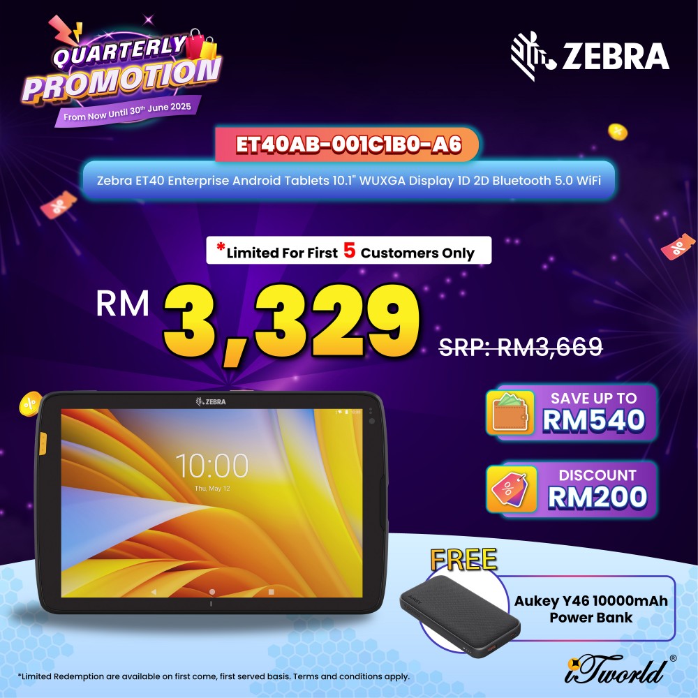 Zebra ET40 Enterprise Android Tablets 10.1" WUXGA Display 1D 2D Bluetooth 5.0 WiFi (ET40AB-001C1B0-A6)