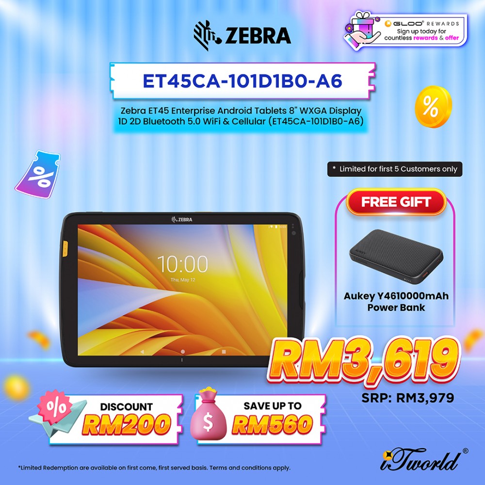 Zebra ET45 Enterprise Android Tablets 8" WXGA Display 1D 2D Bluetooth 5.0 WiFi & Cellular (ET45CA-101D1B0-A6)