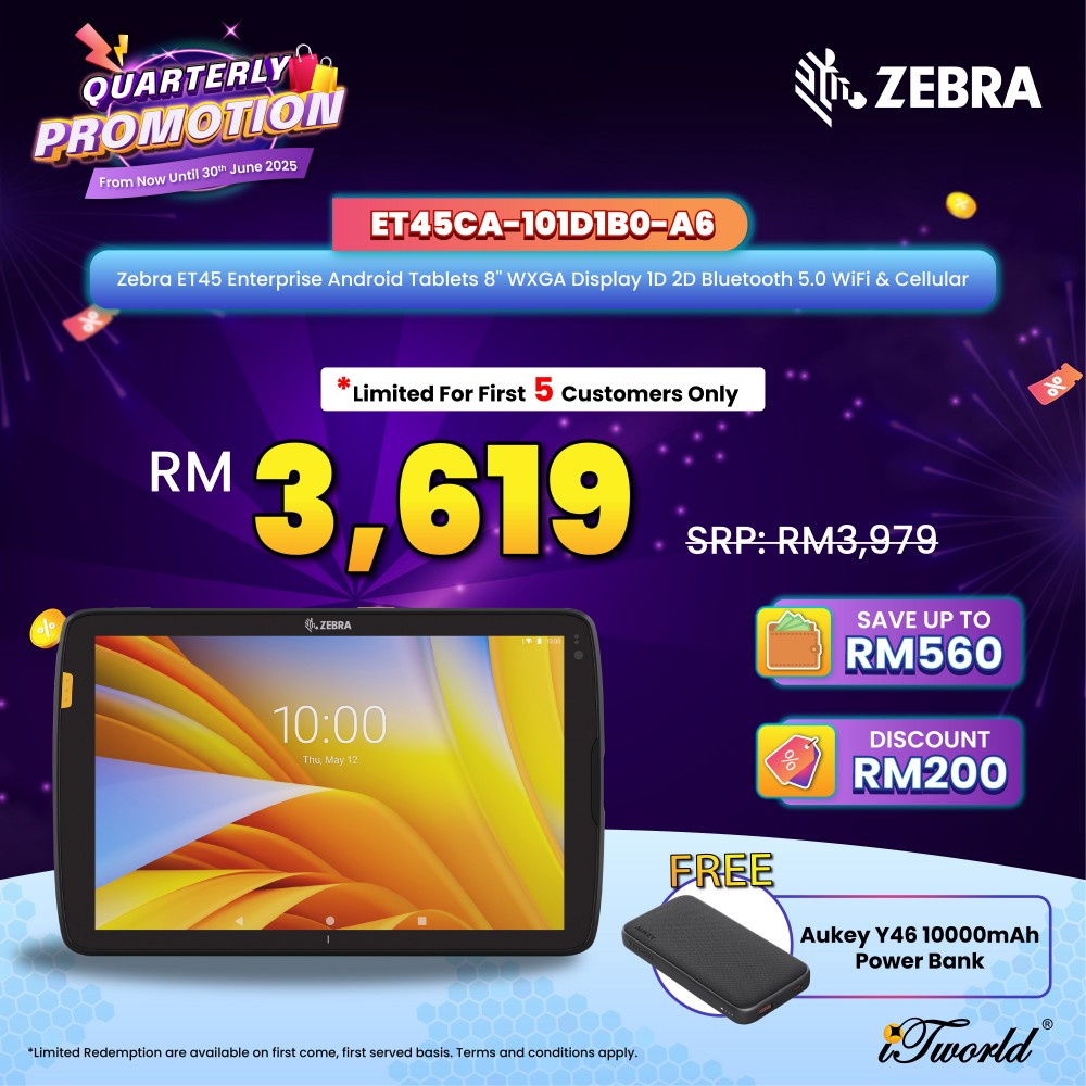Zebra ET45 Enterprise Android Tablets 8" WXGA Display 1D 2D Bluetooth 5.0 WiFi & Cellular (ET45CA-101D1B0-A6)