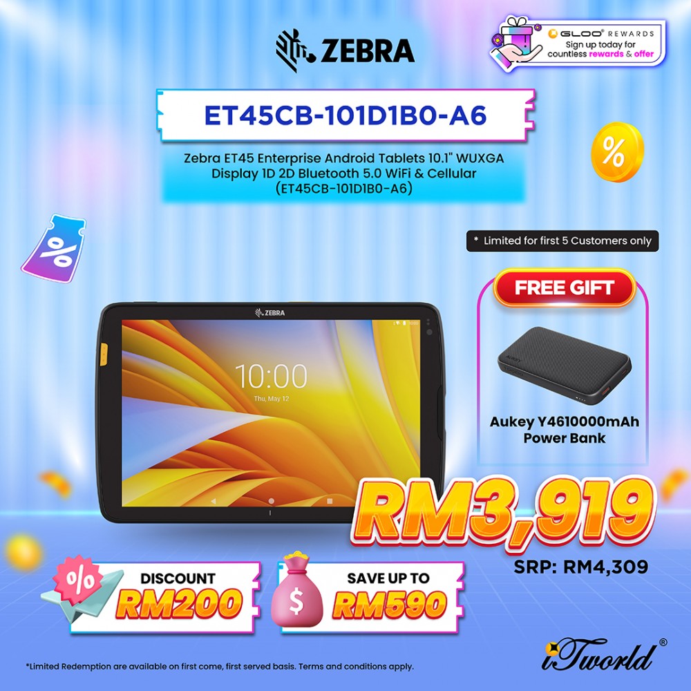 Zebra ET45 Enterprise Android Tablets 10.1" WUXGA Display 1D 2D Bluetooth 5.0 WiFi & Cellular (ET45CB-101D1B0-A6)