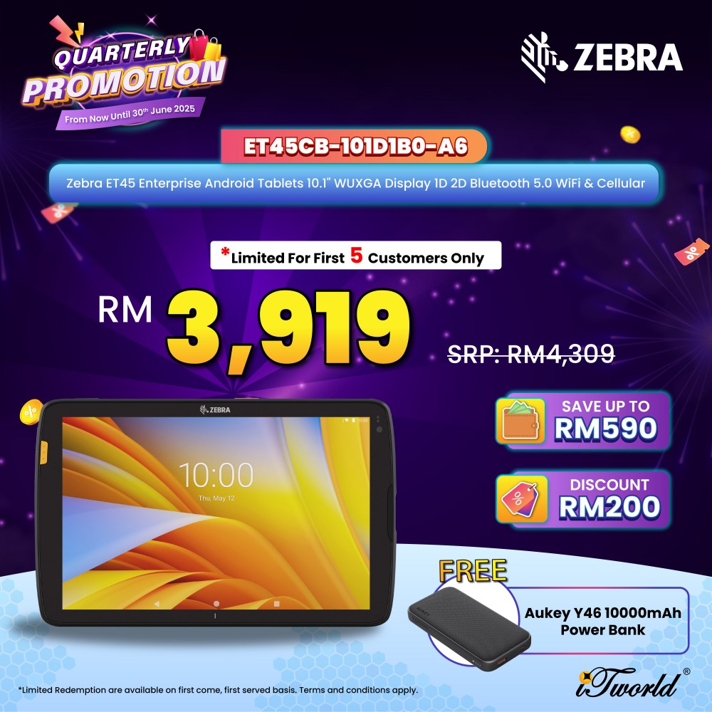 Zebra ET45 Enterprise Android Tablets 10.1" WUXGA Display 1D 2D Bluetooth 5.0 WiFi & Cellular (ET45CB-101D1B0-A6)
