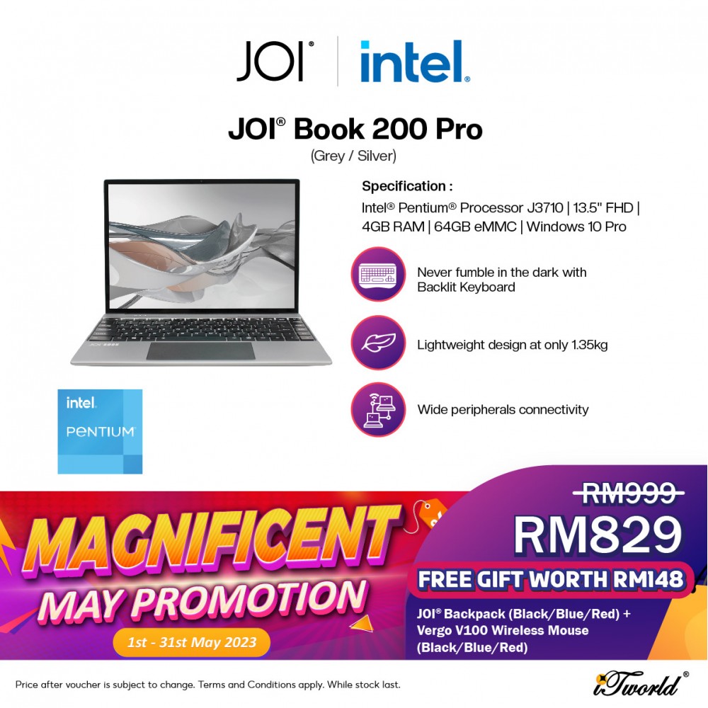 JOI Book 200 Pro (Pentium J3710,4GB,64GB,13.5”,W10Pro,SIL)   + Free 256GB SSD + JOI Backpack Black