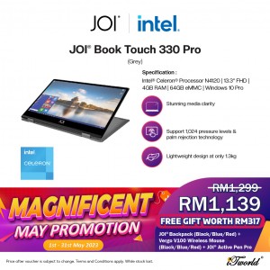 JOI Book Touch 330 Pro (N4120, 4GB + 64GB, 13.3” FHD, W10Pro) {Free 256GB SSD + Active Pen Pro 330 + JOI backpack}