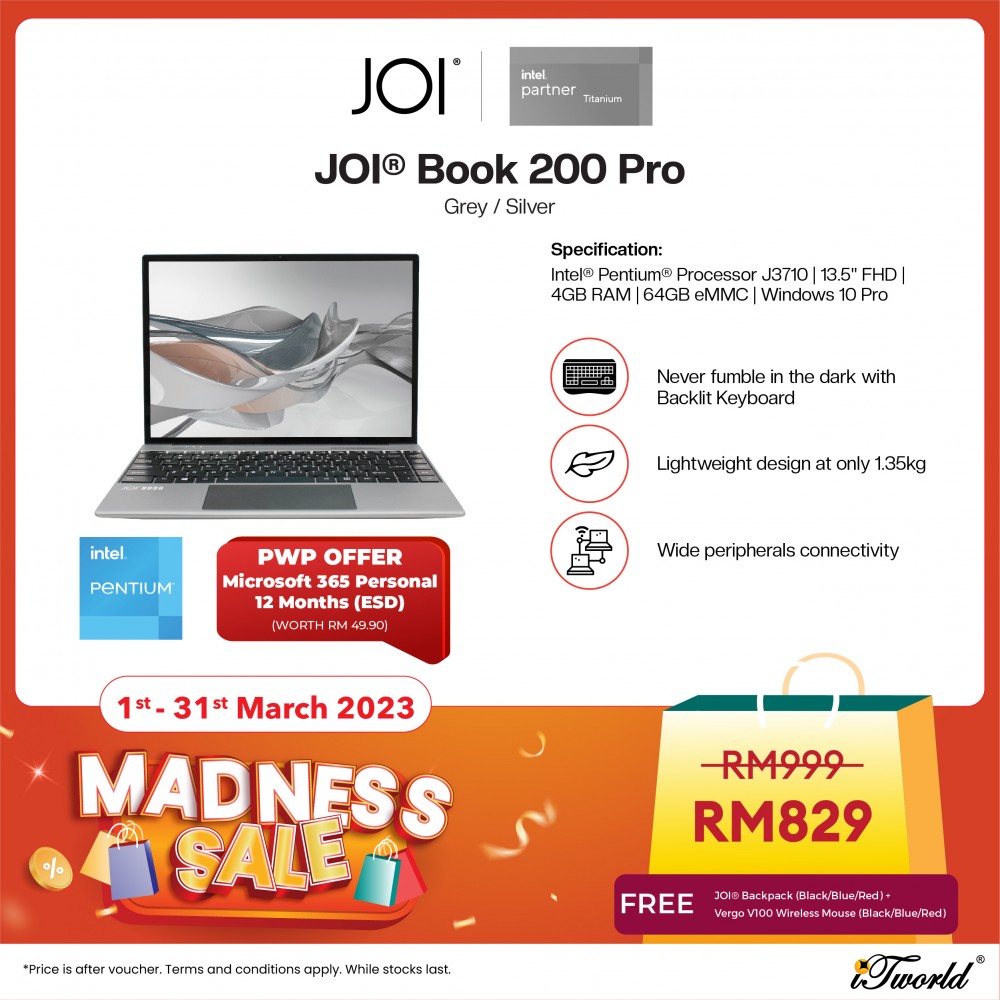 JOI Book 200 Pro (Pentium J3710, 4GB, 64GB, 13.5”, W10Pro,GRY) + Free 256GB SSD + JOI Backpack Black